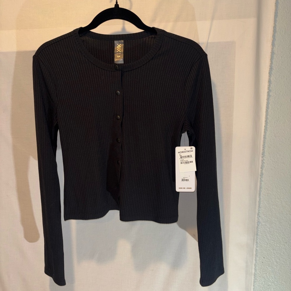 RHONE Black Ribbed Button-Down Long Sleeve Top